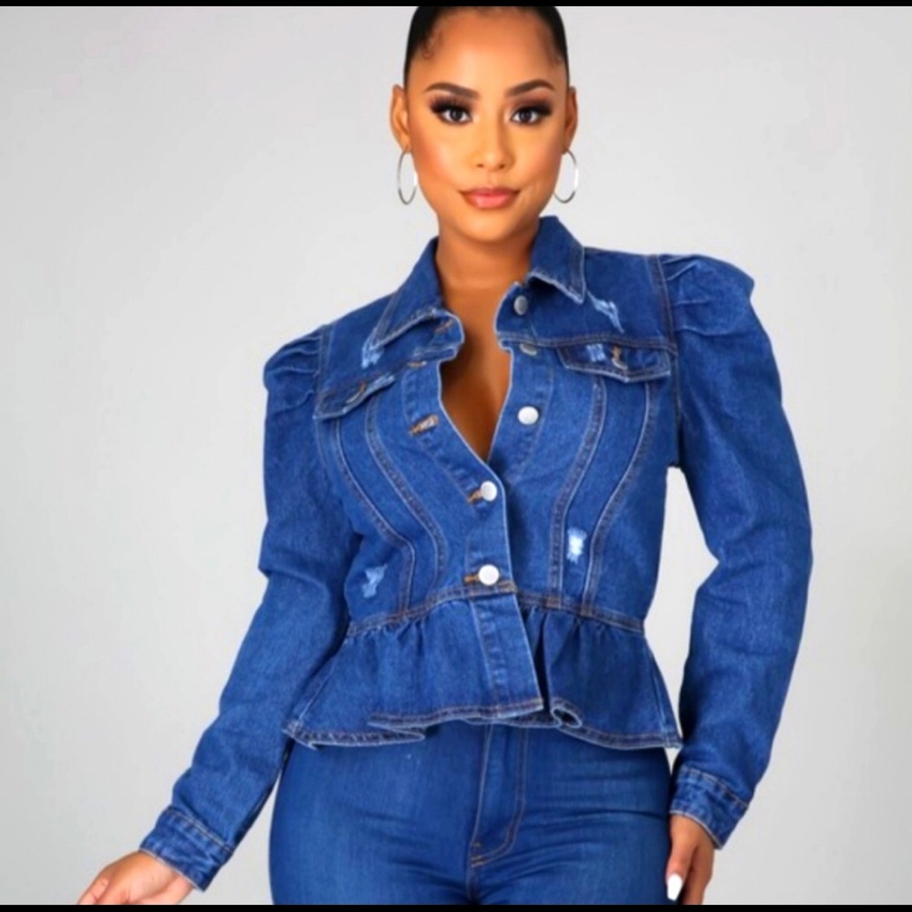 Denim/Jean Jacket w/Puffy Shoulders and Tulip Flare